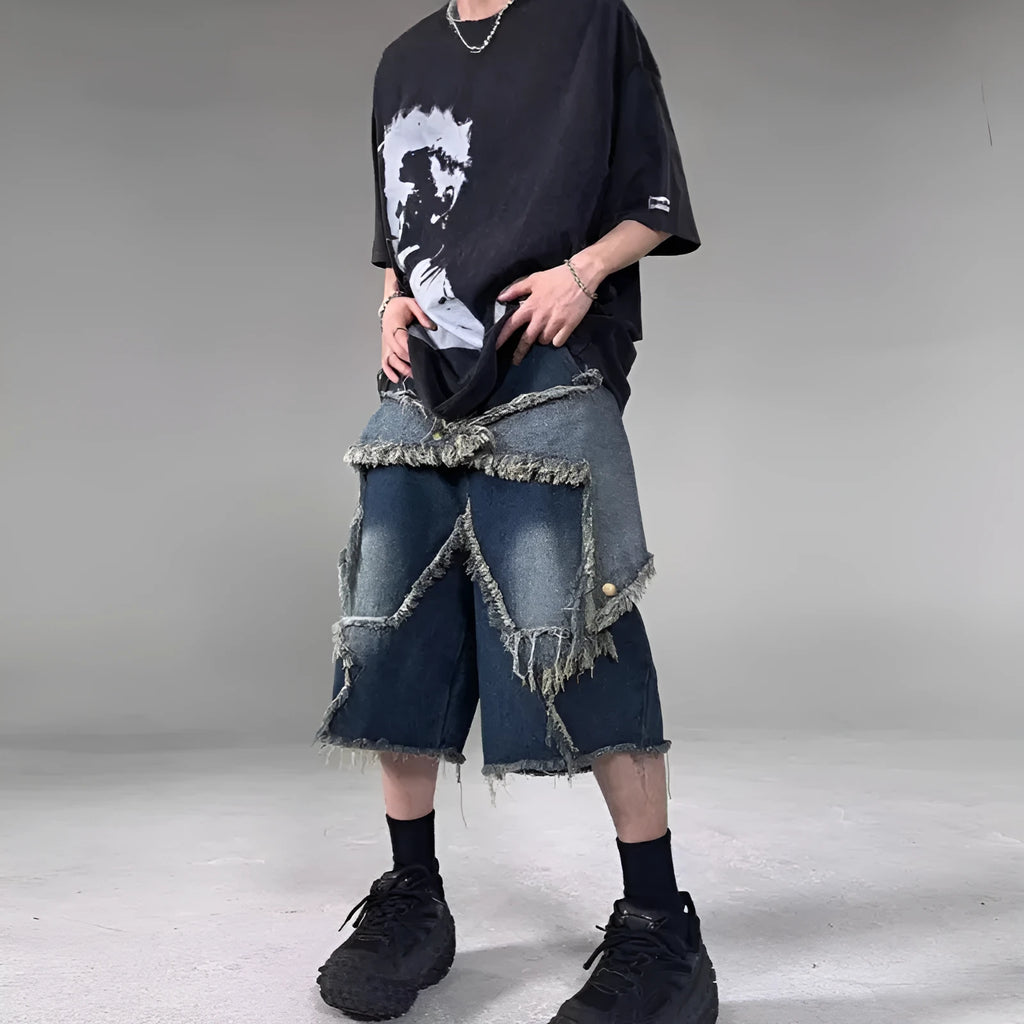 Blue cotton denim shorts with frayed edges and five-pointed star embroidery, loose fit design for men