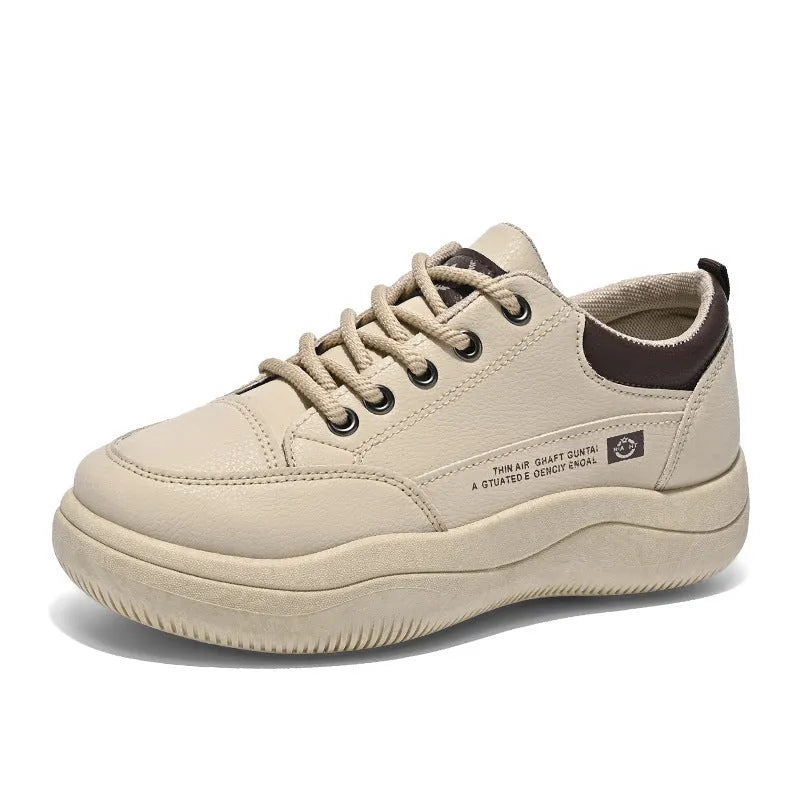 Women's Korean-style leather pumps with cross strap design and round toe in khaki and white colour options