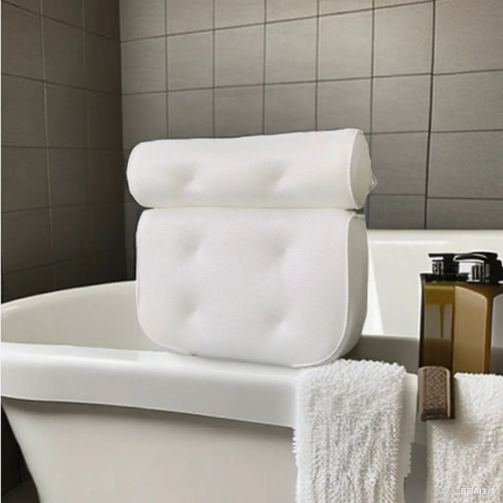 White rectangular bathtub pillow with a textured 3D mesh surface and large white suction cups on the back.