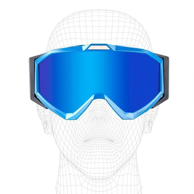 Motorcycle goggles with double layer anti-fog lenses in a black frame with grey film, shown with a storage cloth bag.