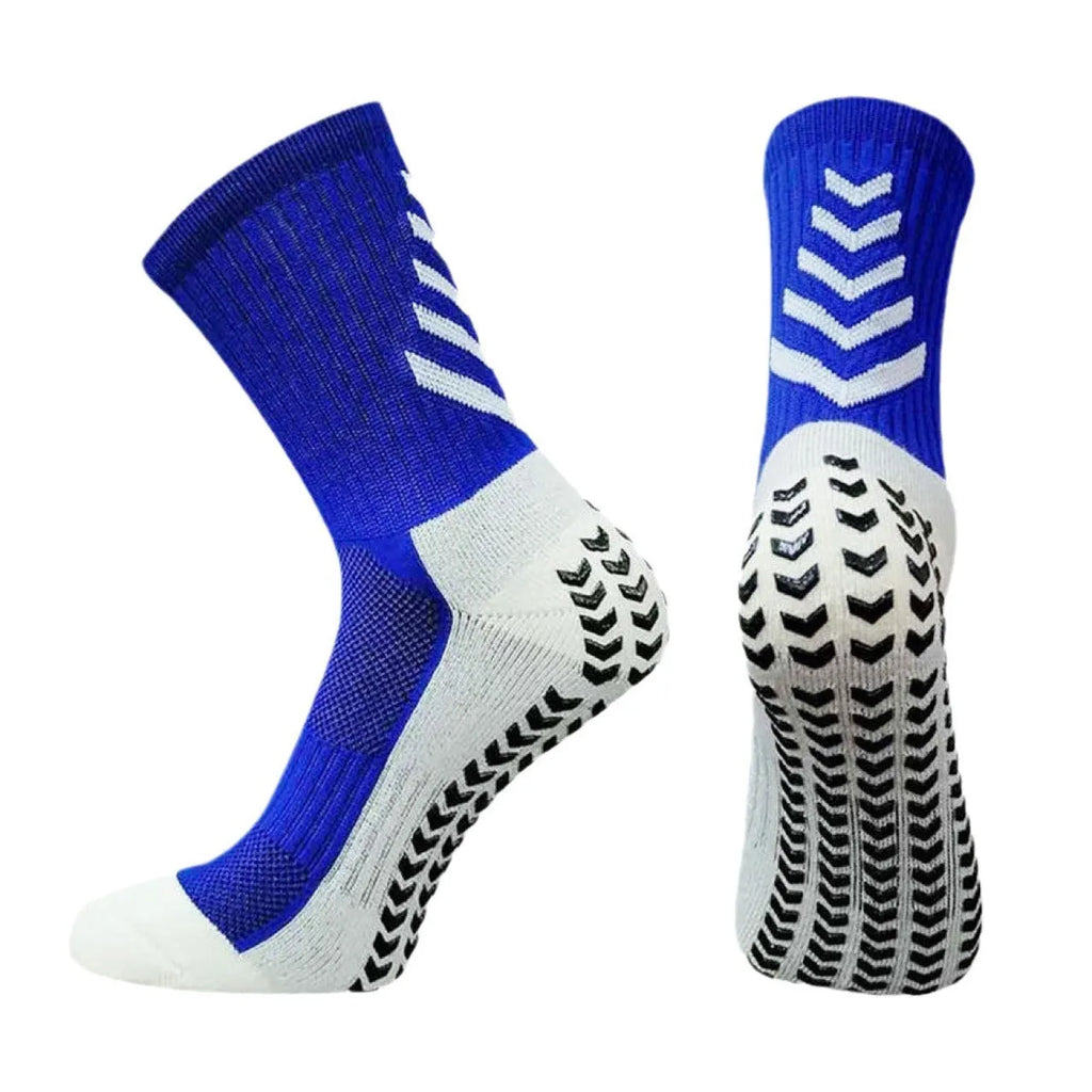 Men's athletic mid-calf socks with geometric pattern and silicone grip dots on sole.
