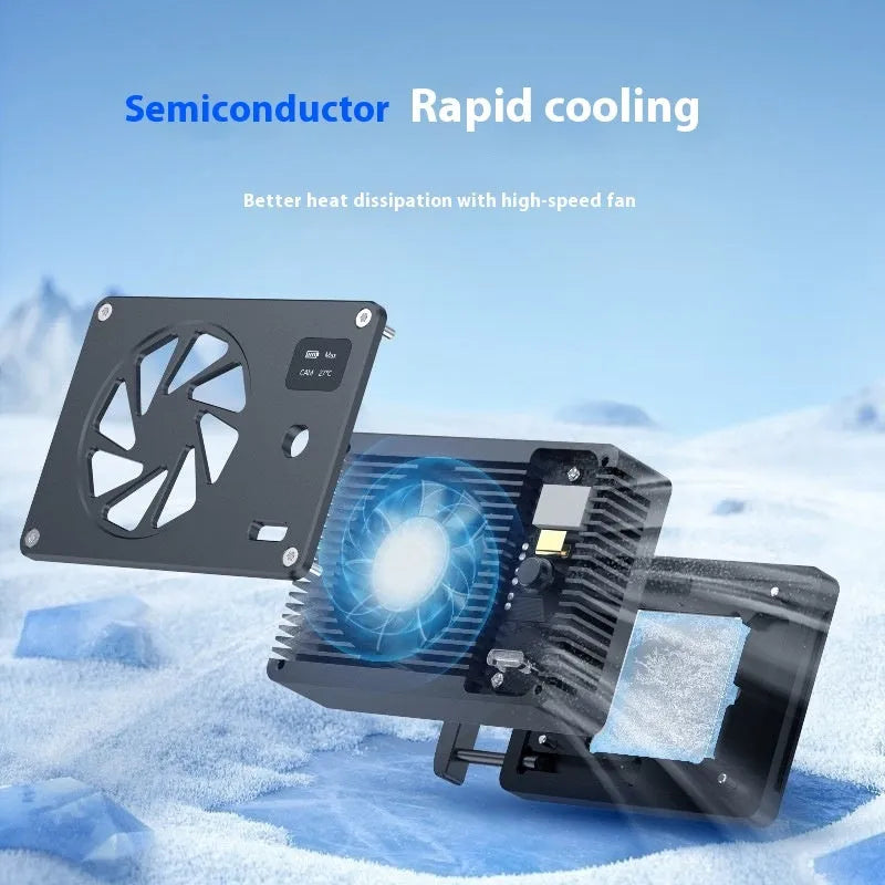 Black aluminium alloy smart cooling fan radiator with fins, dimensions 89mm by 52mm