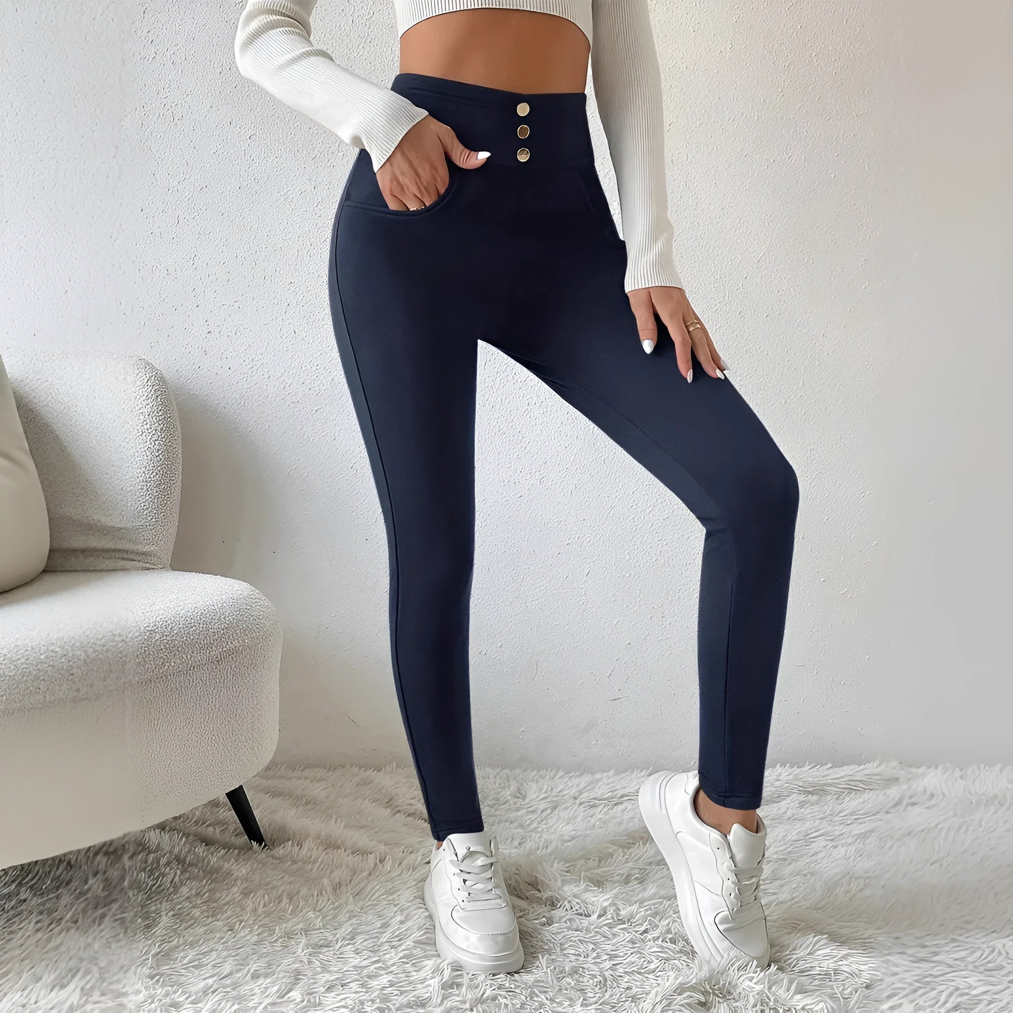 Women's navy blue high waist straight-leg casual trousers with micro elastic polyester fabric