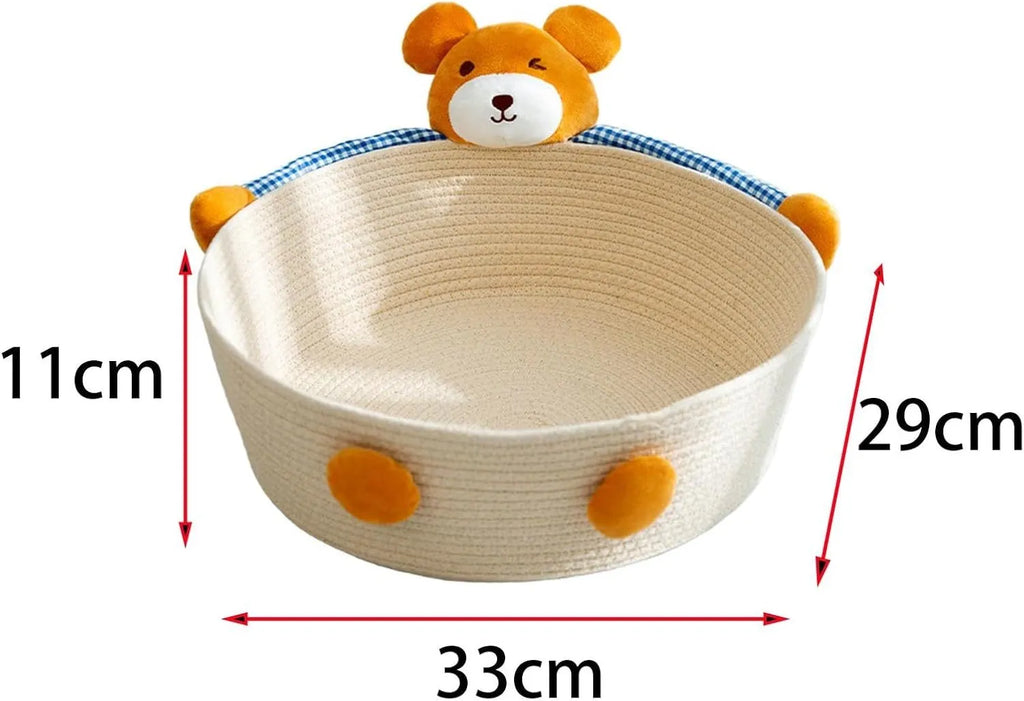 Woven cotton rope cat bed basket with integrated scratching surface in rabbit design