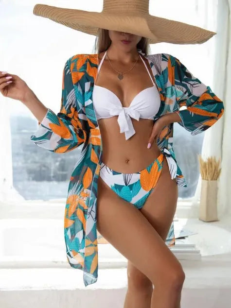 Women's three-piece mesh split bikini swimsuit with matching cover-up coat in quick-drying polyester fabric