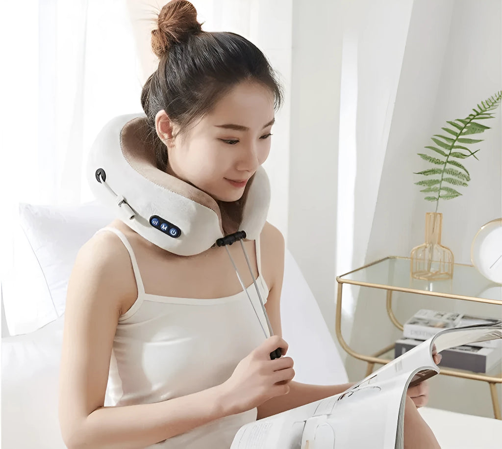 Brown U-shaped electric neck massage pillow with heat function and USB charging