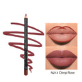 Wood-cased waterproof matte lip liner pencil shown in one of 14 available colour shades.
