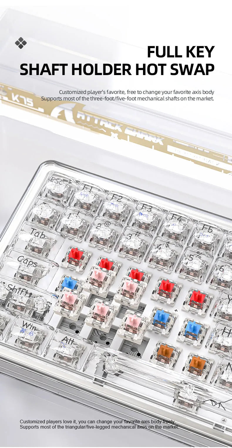 Attack Shark K75 RGB transparent mechanical keyboard showing lighting through polycarbonate housing