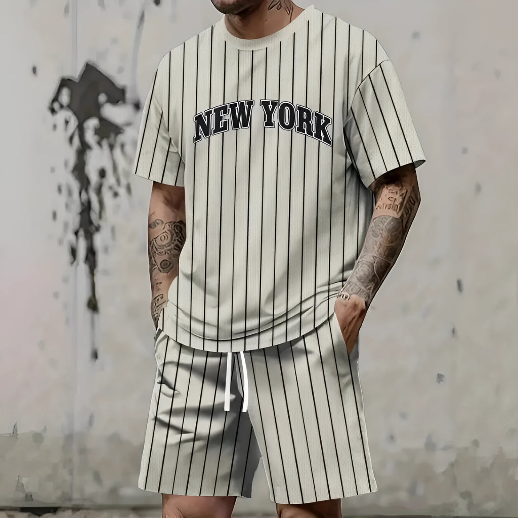 Men's short sleeve top and shorts sportswear set with 3D letter printing in polyester fabric