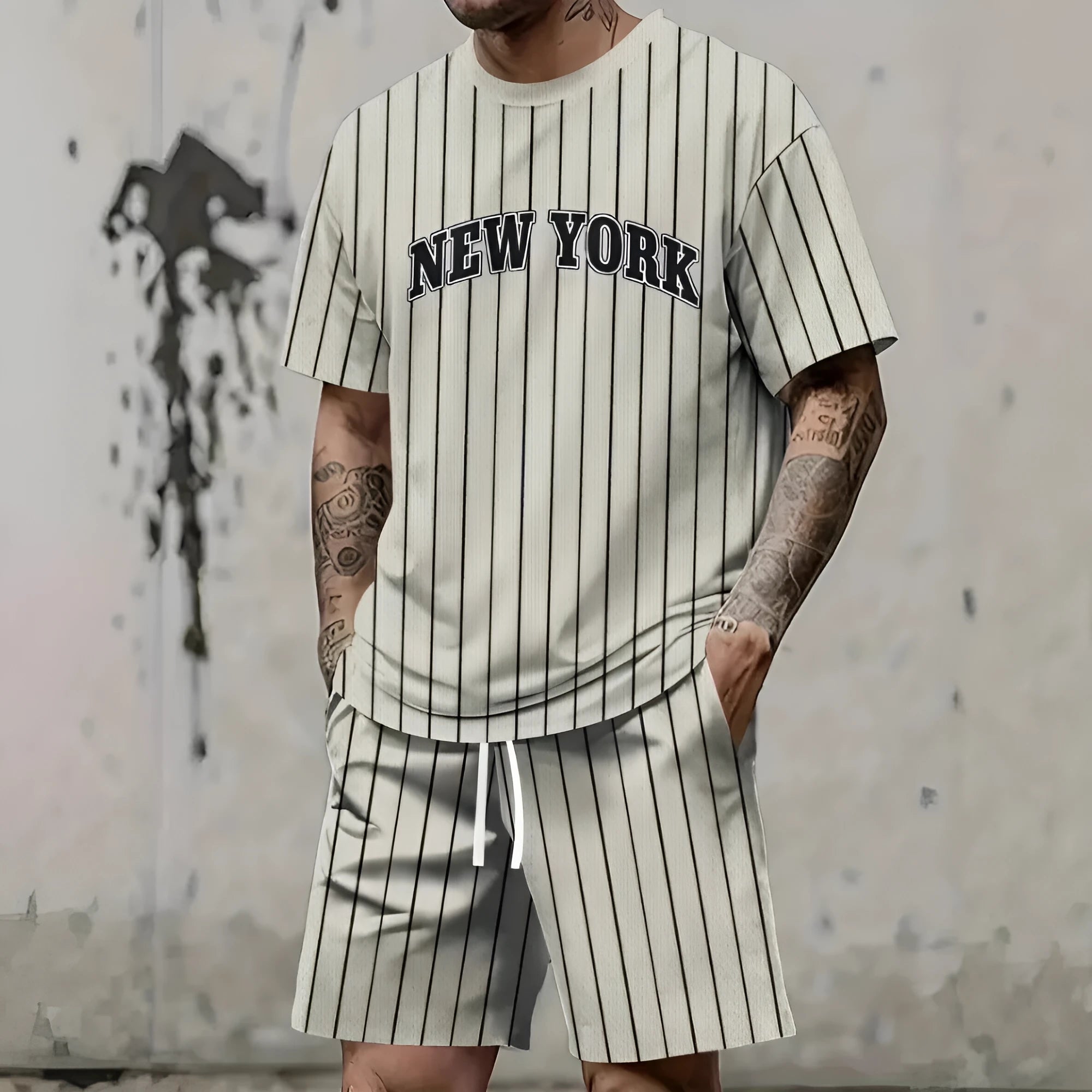 Men's short sleeve top and shorts sportswear set with 3D letter printing in polyester fabric