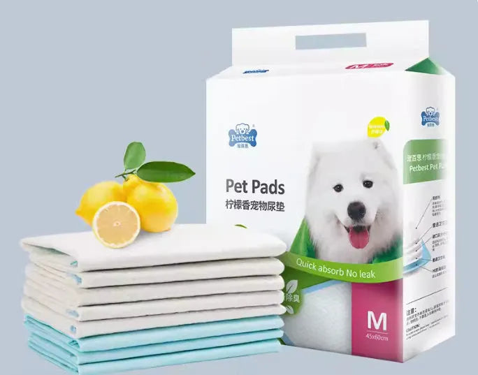 Pack of thickened dog urine pads showing adhesive backing and bamboo charcoal deodorising variant