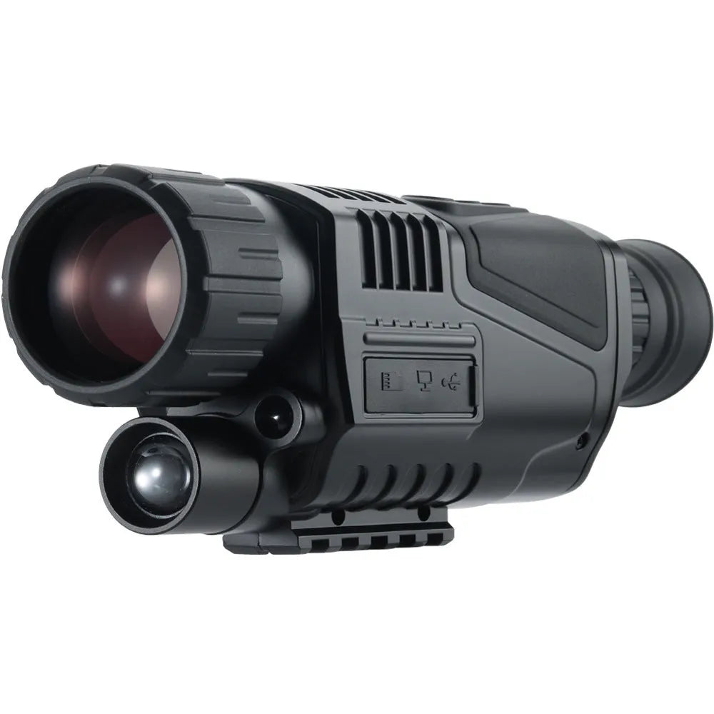 Black digital night vision telescope with rubber coating, 40mm lens, and storage bag for outdoor use.