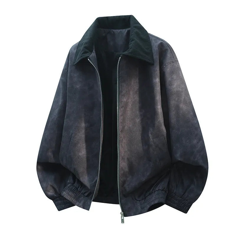 Men's black stitching lapel casual jacket with side pockets and straight hem on a hanger