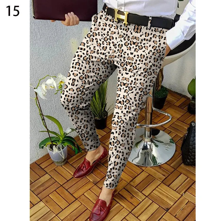 Men's 3D printed plaid casual trousers with elastic fabric for autumn and winter wear
