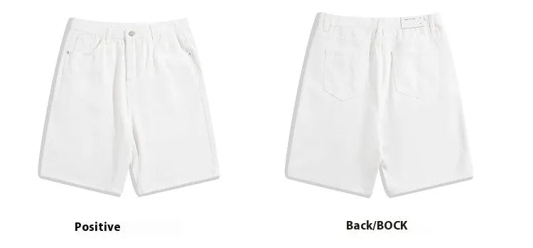 Men's light blue denim shorts with five pockets and a straight leg, shown on a hanger