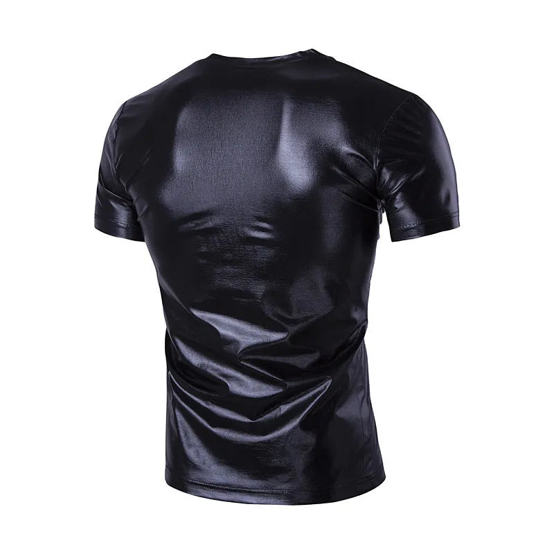 Men's short-sleeved shiny cotton blended T-shirt in black, yellow, and silver, sizes M to XXXL