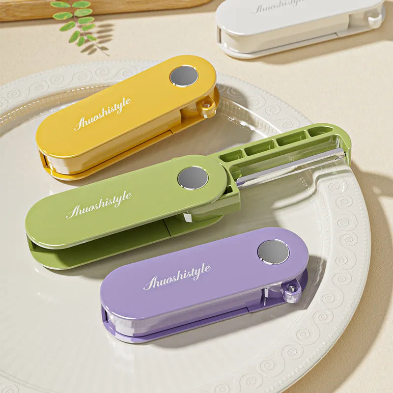 Foldable stainless steel vegetable peeler on white background, compact 91x36x18mm kitchen tool