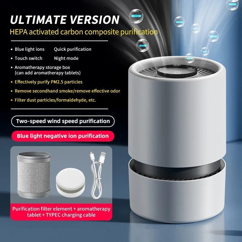White desktop air purifier with USB cable for small room odour and smoke removal
