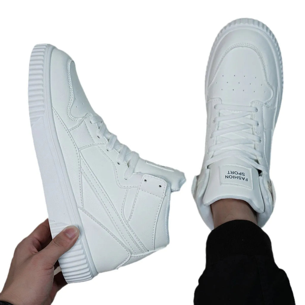 Men's solid white round toe casual shoes with a microfiber leather upper on a neutral background.