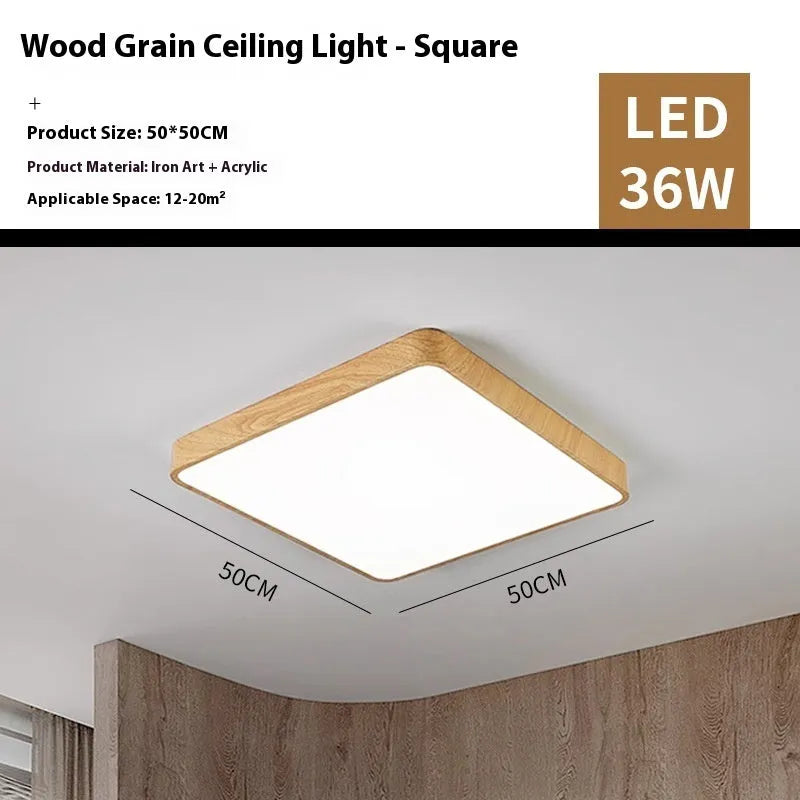 Nordic modern LED bedroom light with wood grain finish in square design