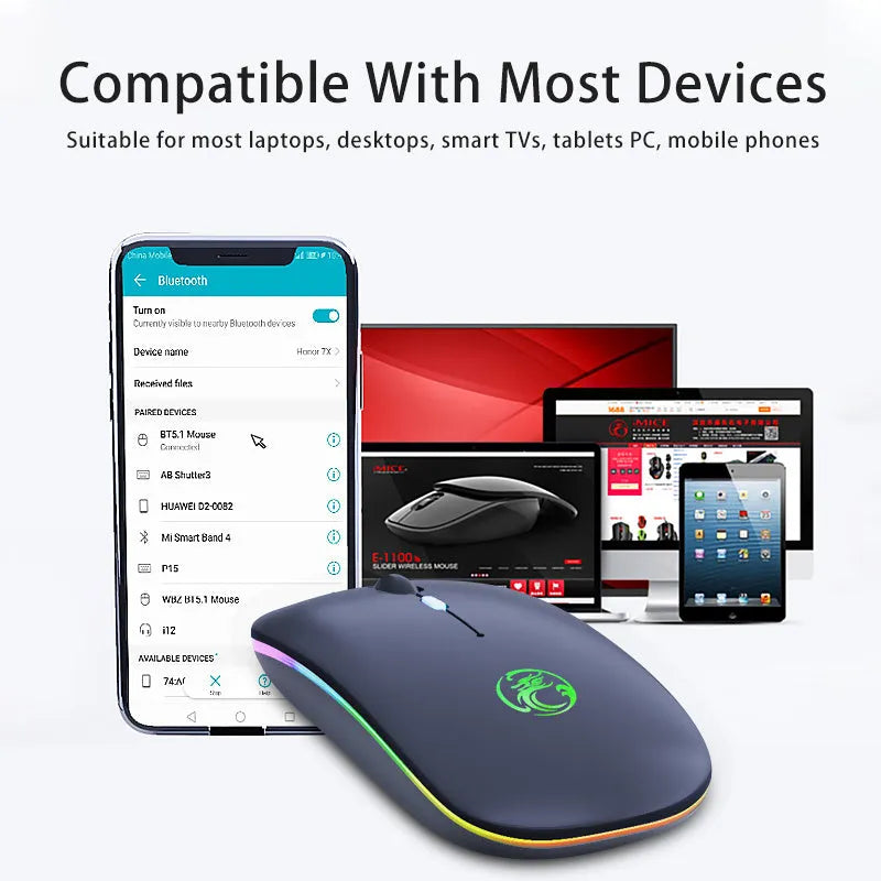Black or white wireless computer mouse with silent buttons and dual-mode wireless connectivity