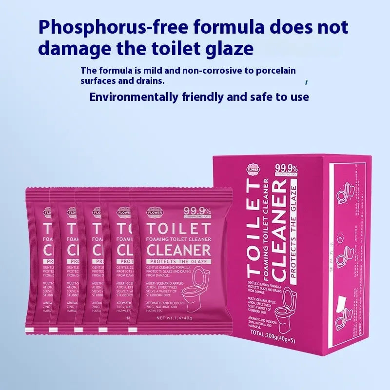 Toilet Bubble Powder cleaning product in blue ocean or pink floral fragrance, showing 240g bag and 5x40g box options.