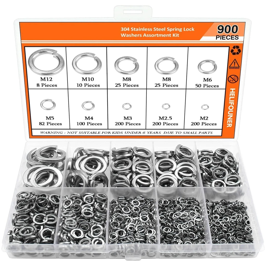 304 stainless steel spring lock washer assortment with 900 pieces in metric sizes 2mm to 12mm