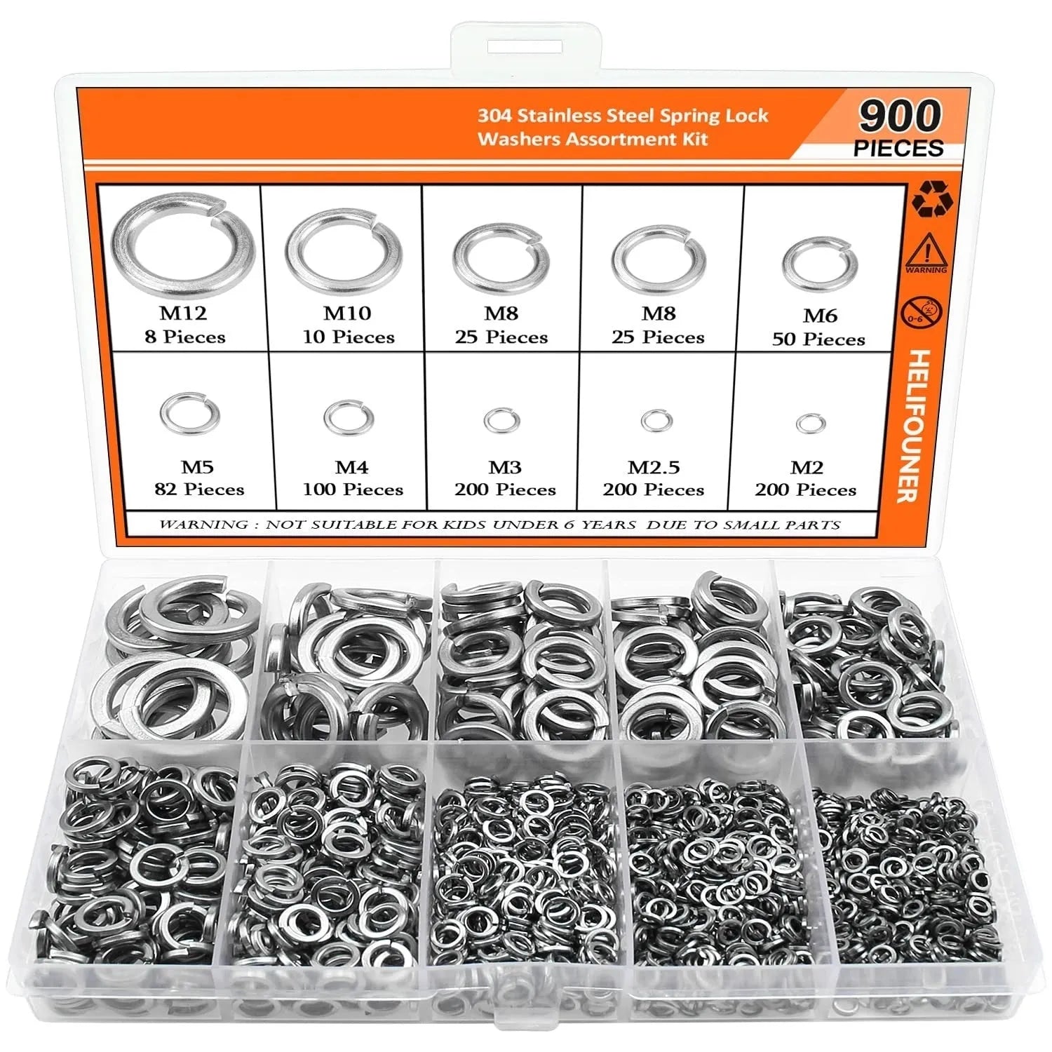 304 stainless steel spring lock washer assortment with 900 pieces in metric sizes 2mm to 12mm