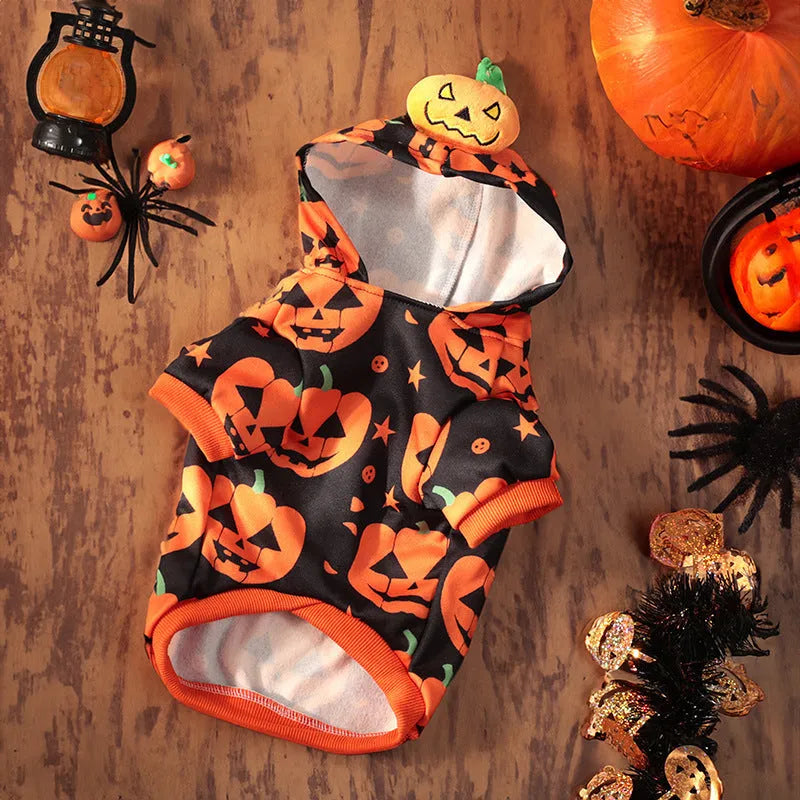 Orange Halloween pumpkin skirt pet costume for small dogs made from crystal velvet fabric