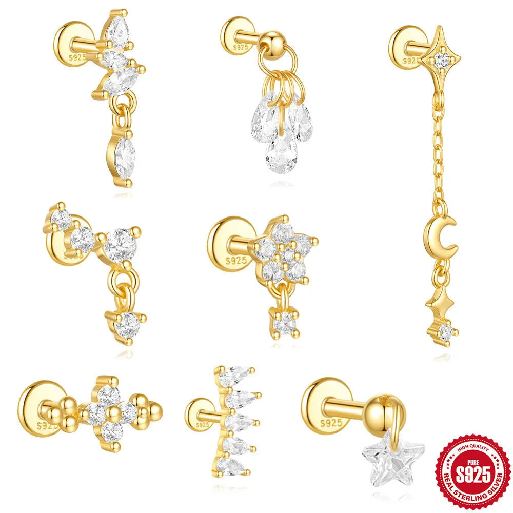 S925 sterling silver moon and star geometric earrings in a gold colour finish, unisex piercing jewellery.