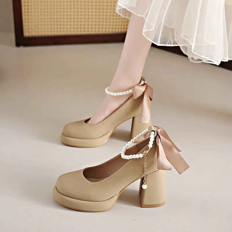 Women's Mary Jane shoes beige chunky heel pearl decoration round toe ankle strap