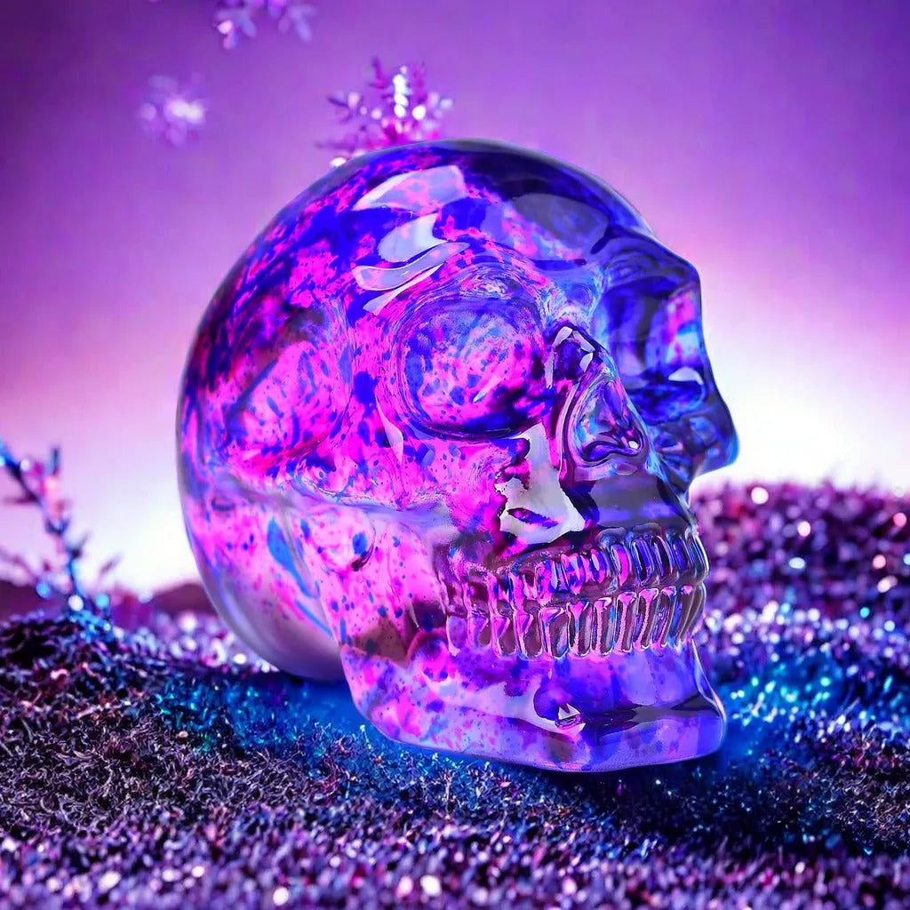 Pink and blue glass floral skull ornament for Halloween or Gothic home décor display