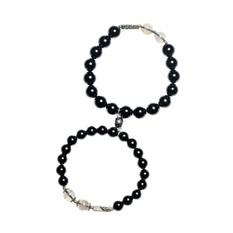 Black obsidian Buddha beads couple bracelets with 8mm and 10mm beads on adjustable cords