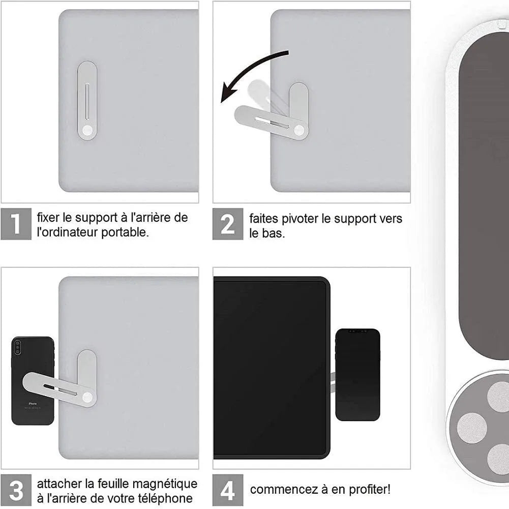 Aluminium alloy laptop side mount bracket holding a smartphone next to a laptop screen, with magnetic pad visible