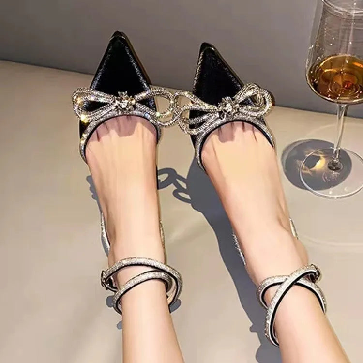 Silk back bandage women's stiletto heel sandals in black with pointed toe and buckle closure