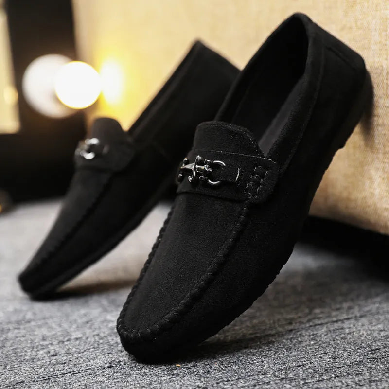 Men waterproof slip-on loafers artificial PU leather round toe casual style cloth black