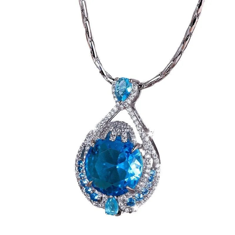 Geometric blue crystal pendant necklace with water wave chain for women