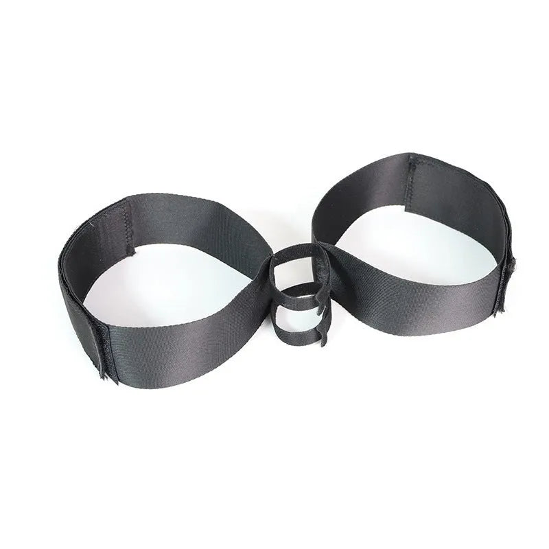 Black knitted sex toy strap for adult toy positioning and hands-free use