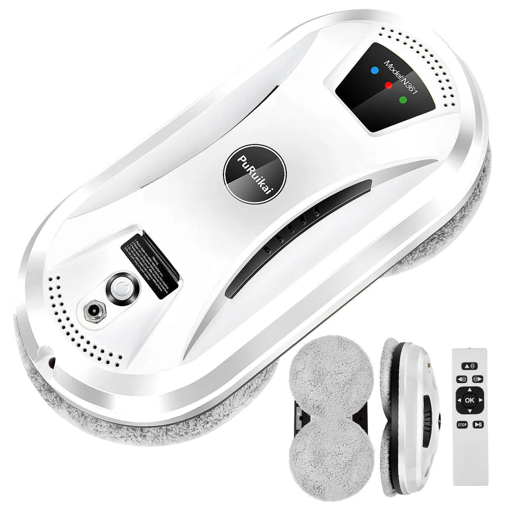 White automatic window cleaning robot with remote control, compact 28cm by 13cm by 9cm size