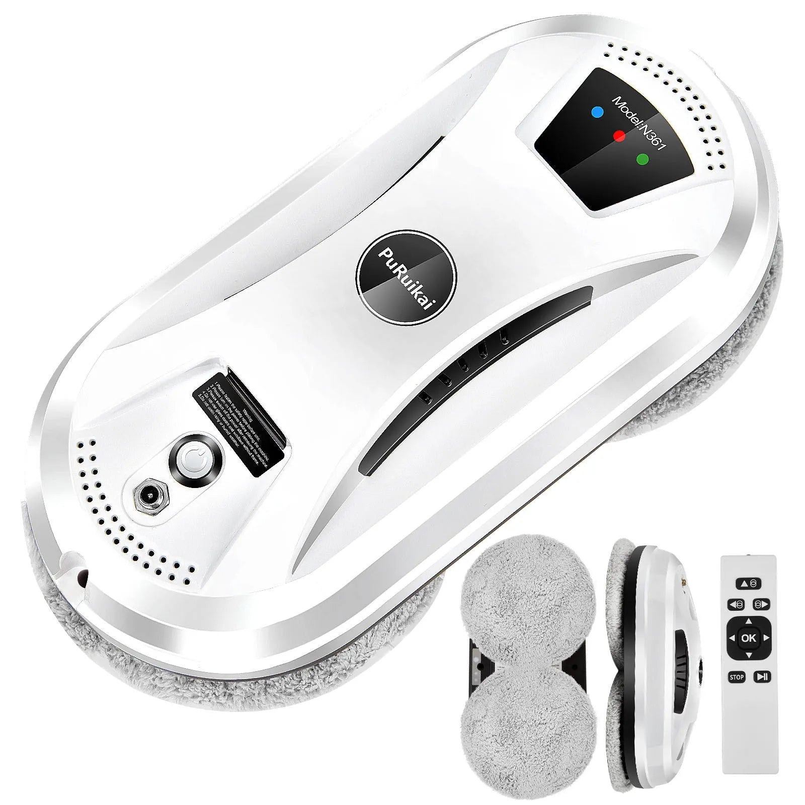 White automatic window cleaning robot with remote control, compact 28cm by 13cm by 9cm size