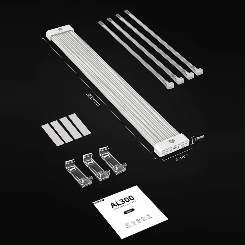 White ABS computer case neon light bar with 44 LED beads, 300mm length, multi-angle adjustment, and cable ties