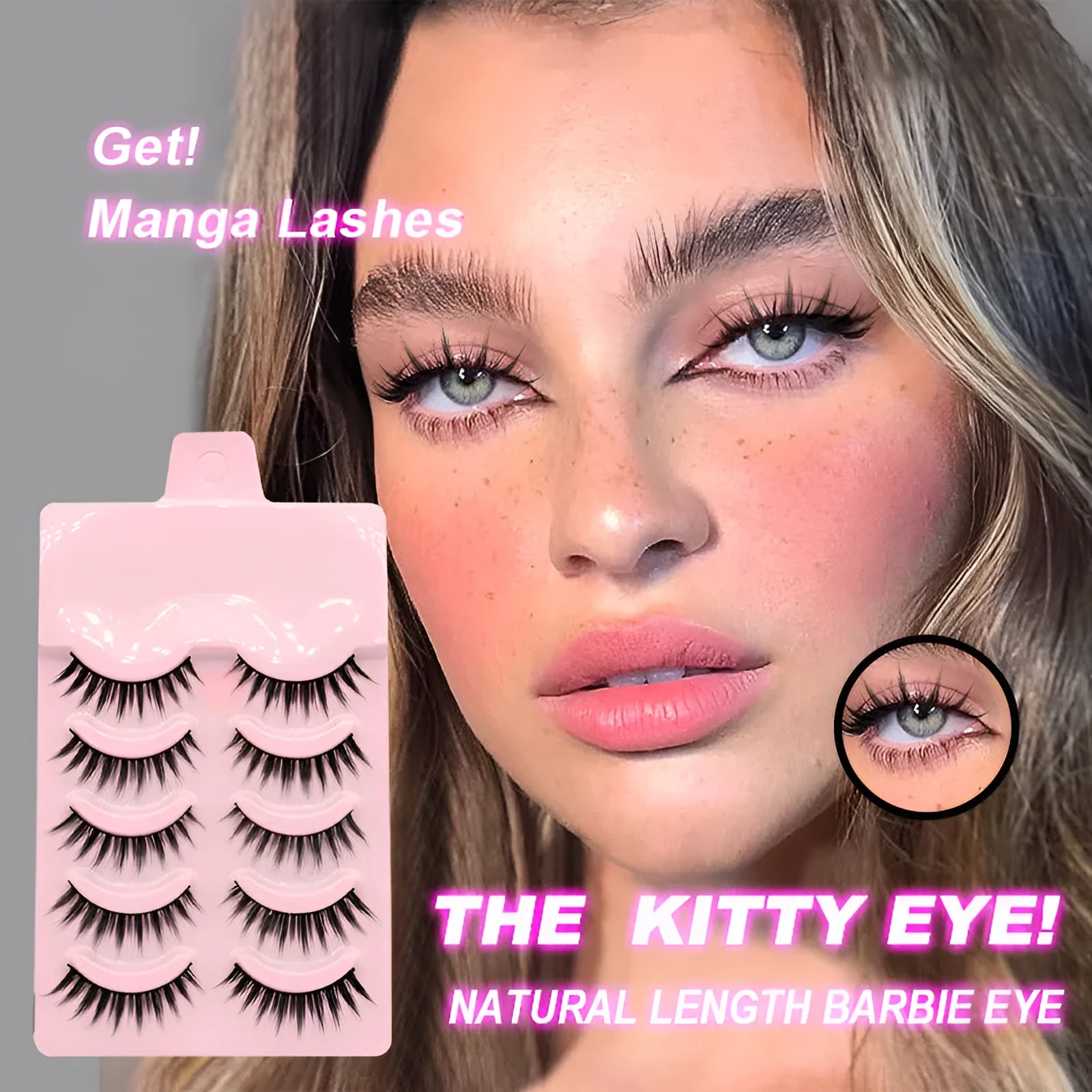 Set of manga-style false eyelashes showing three wispy designs with black plastic bands.