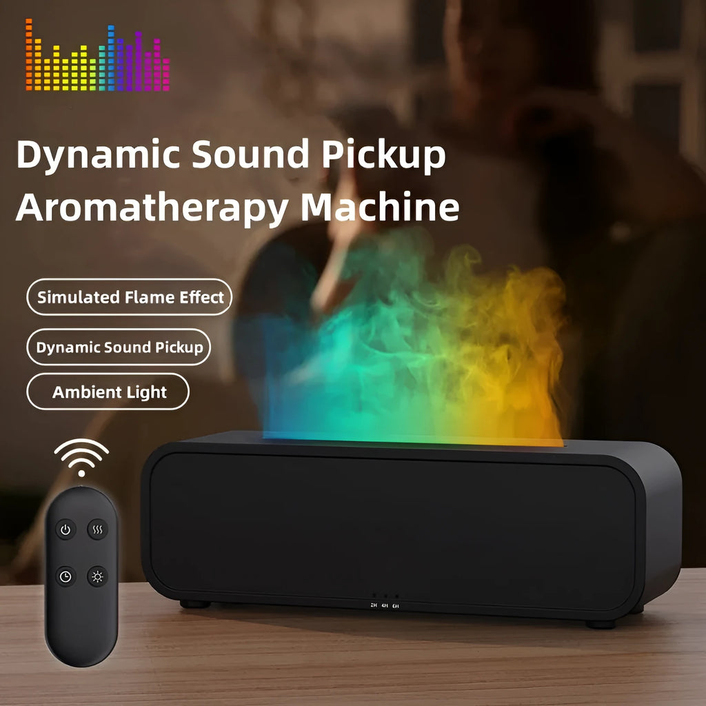 Black flame design aroma diffuser with remote control on a wooden table
