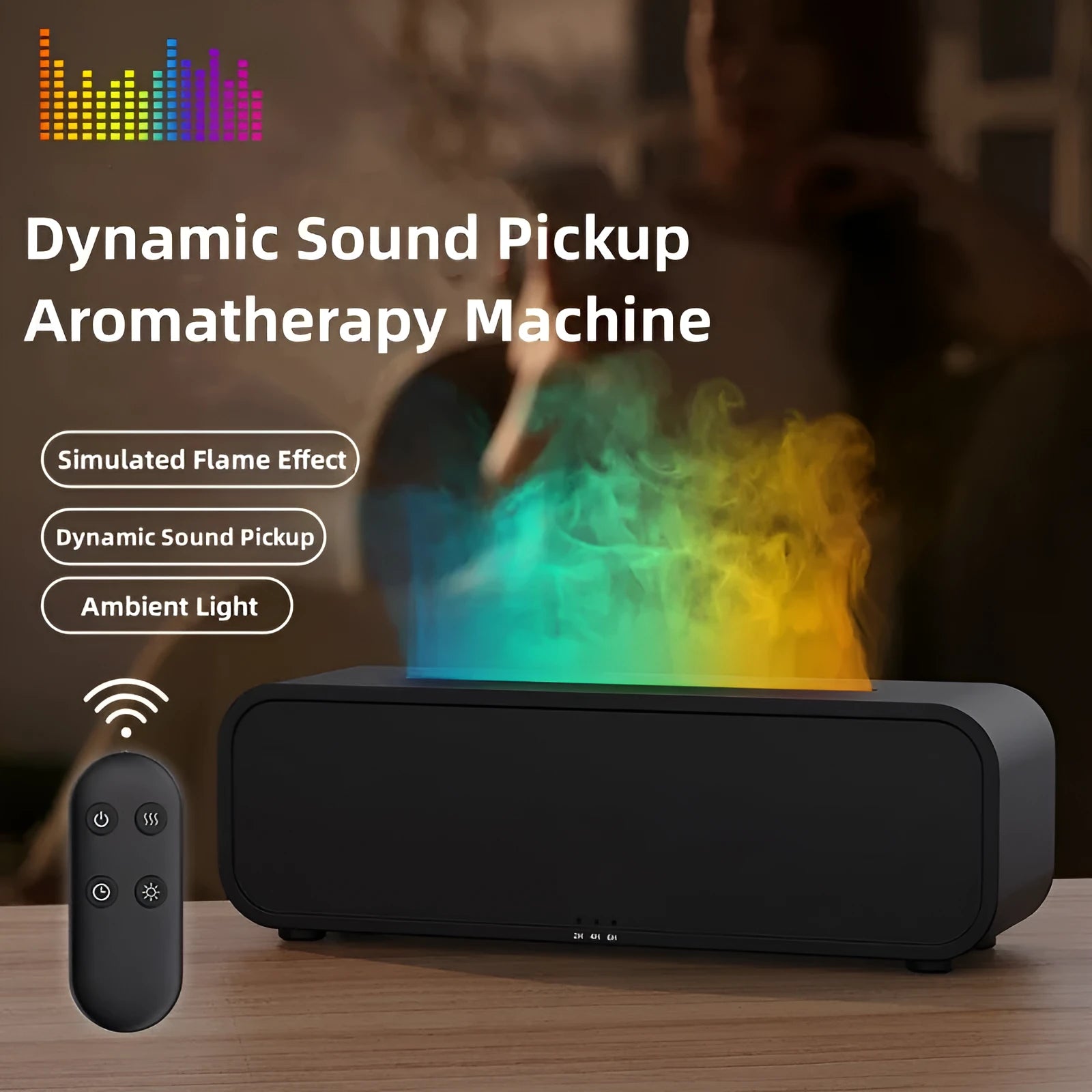 Black flame design aroma diffuser with remote control on a wooden table