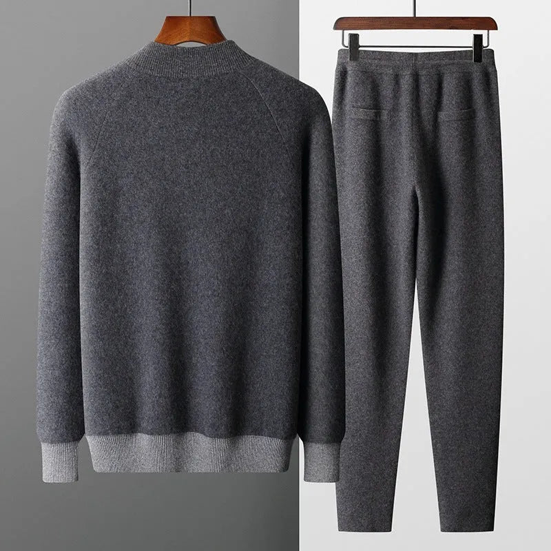 Men's cashmere wool blend casual sports suit with half turtleneck cardigan and trousers
