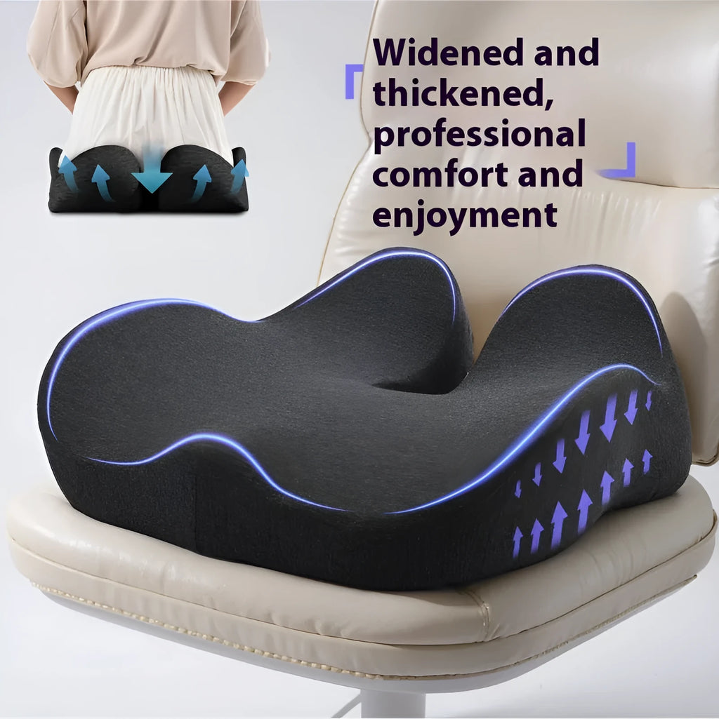 Memory foam office chair cushion in light grey showing 46x43cm dimensions