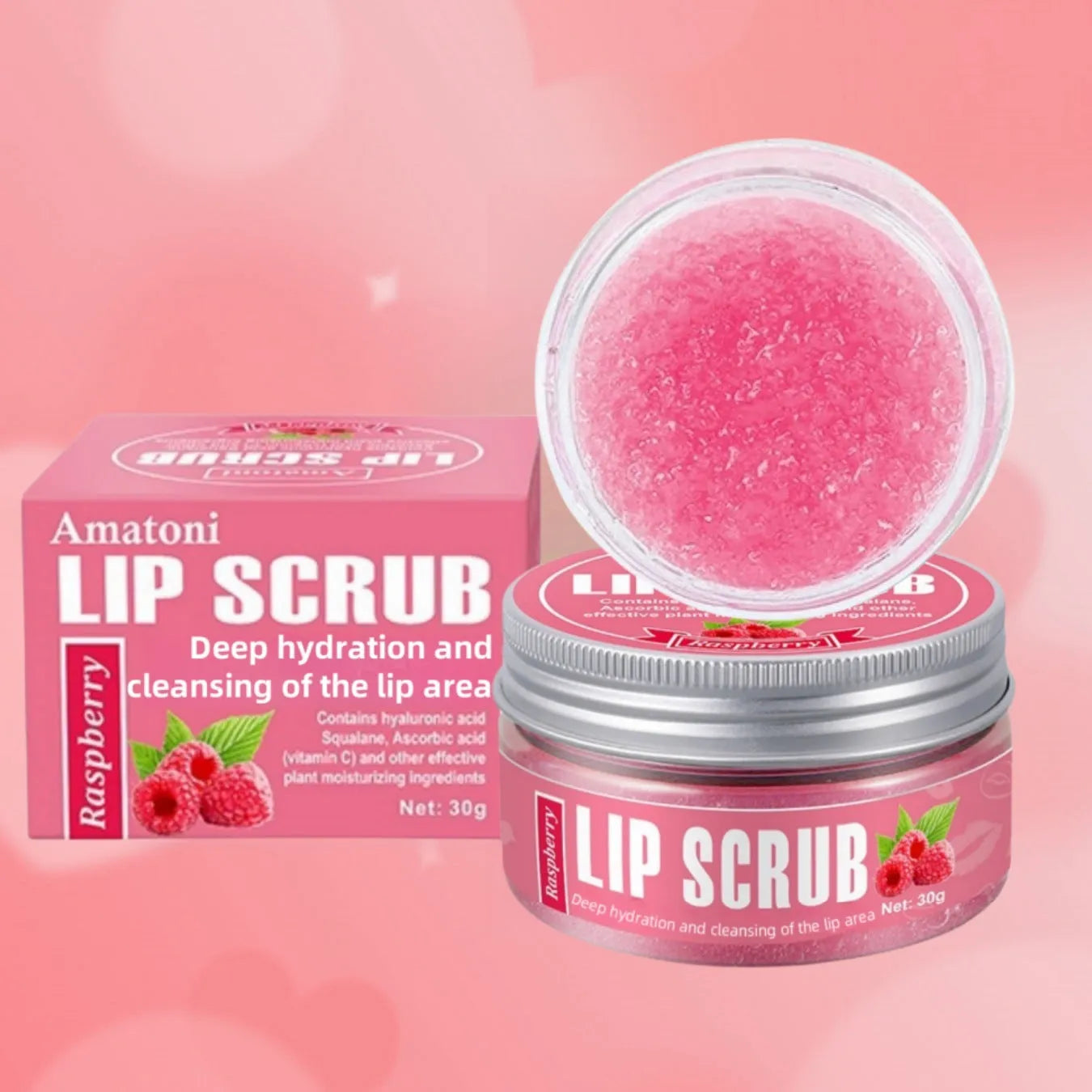 30g pot of Amatoni fruit flavour lip scrub cream in coconut, raspberry, vanilla, or watermelon