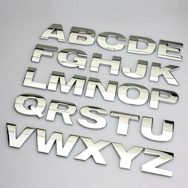 3D metal car bumper sticker showing dimensional English letter on car surface