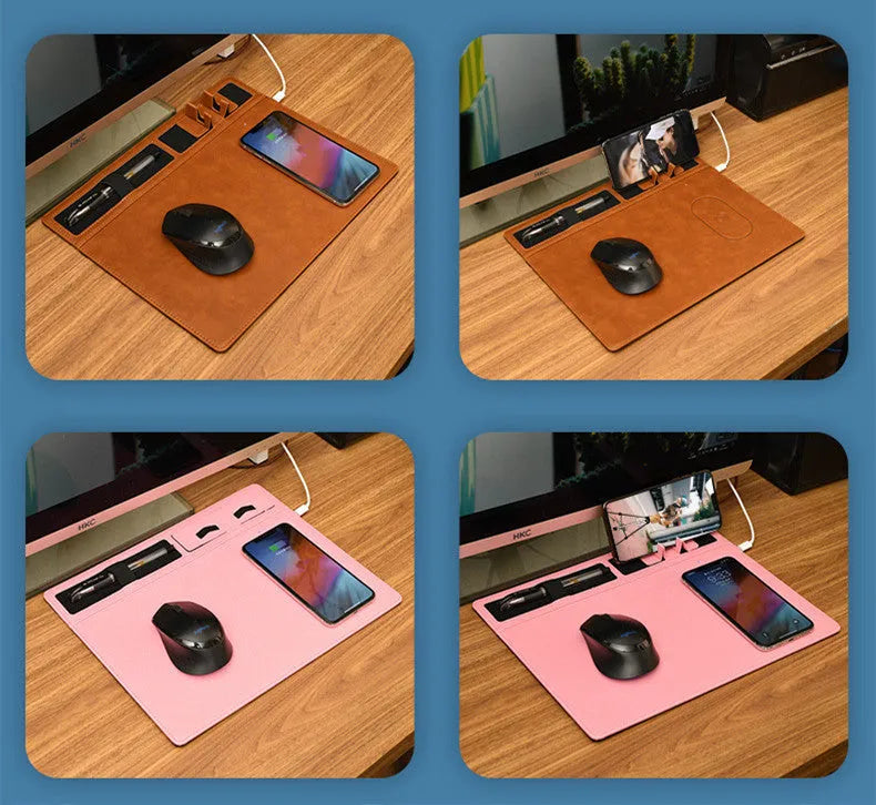 Wireless charging mouse pad with phone holder in four colour options on a desk