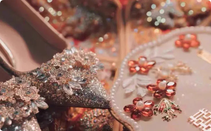 Champagne Xiuhe wedding shoes with rhinestones, pointed toe, fine heel, and one foot kick closure.